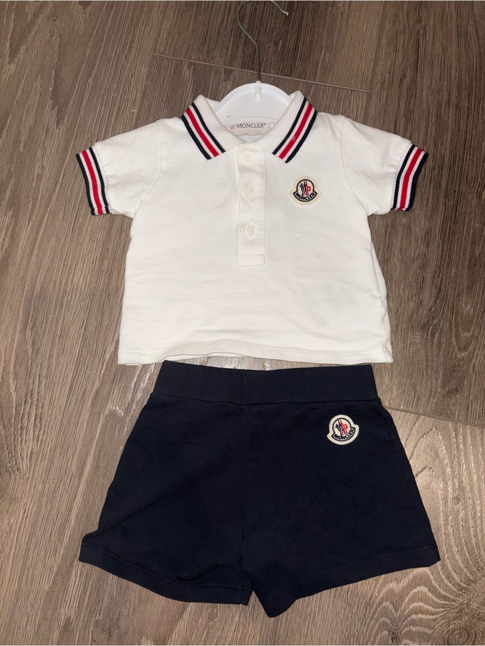 Moncler White Polo with Navy Shorts Set - Red & Navy Trim